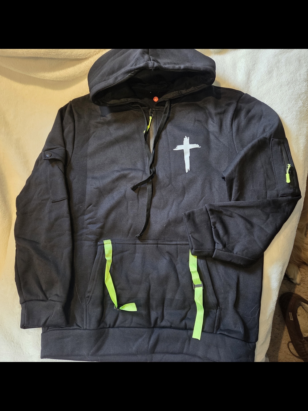 Christian Style Black Hoodie with Neon Green Accents and Cross Graphic.